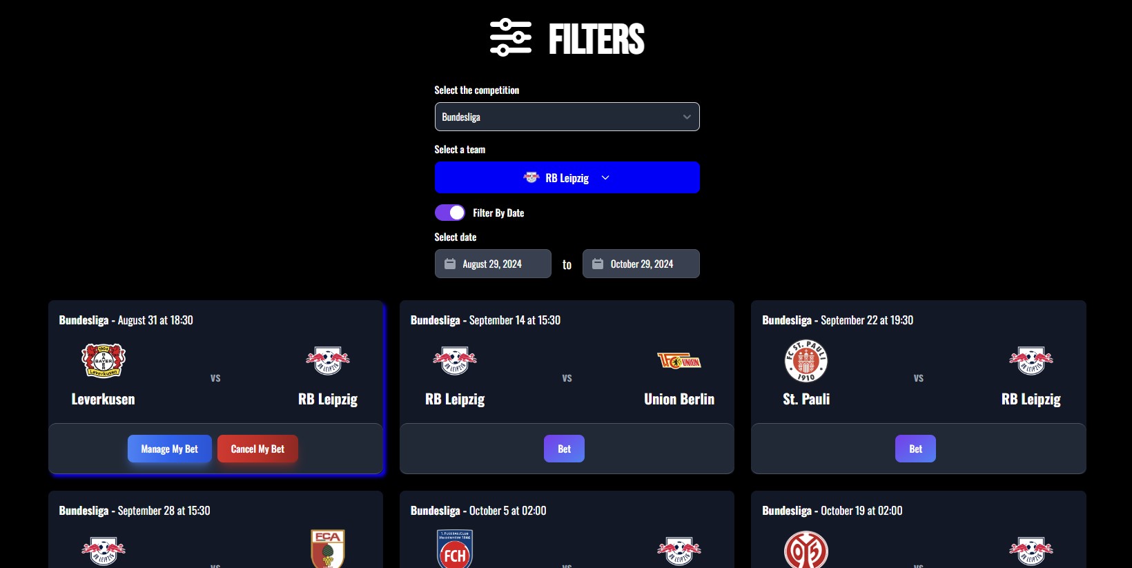 The image contains a screenshot of the matches page, where some filters are applied.