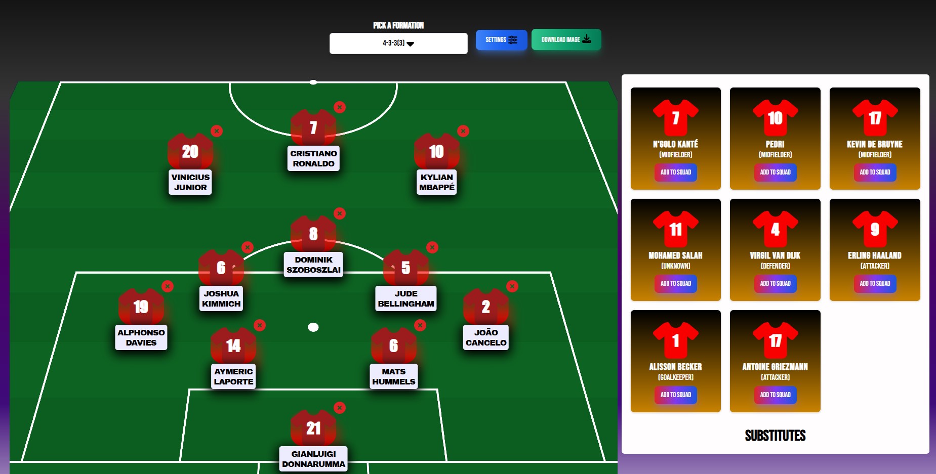 The image contains a screenshot of a football starting XI made with
    the react squad builder library.