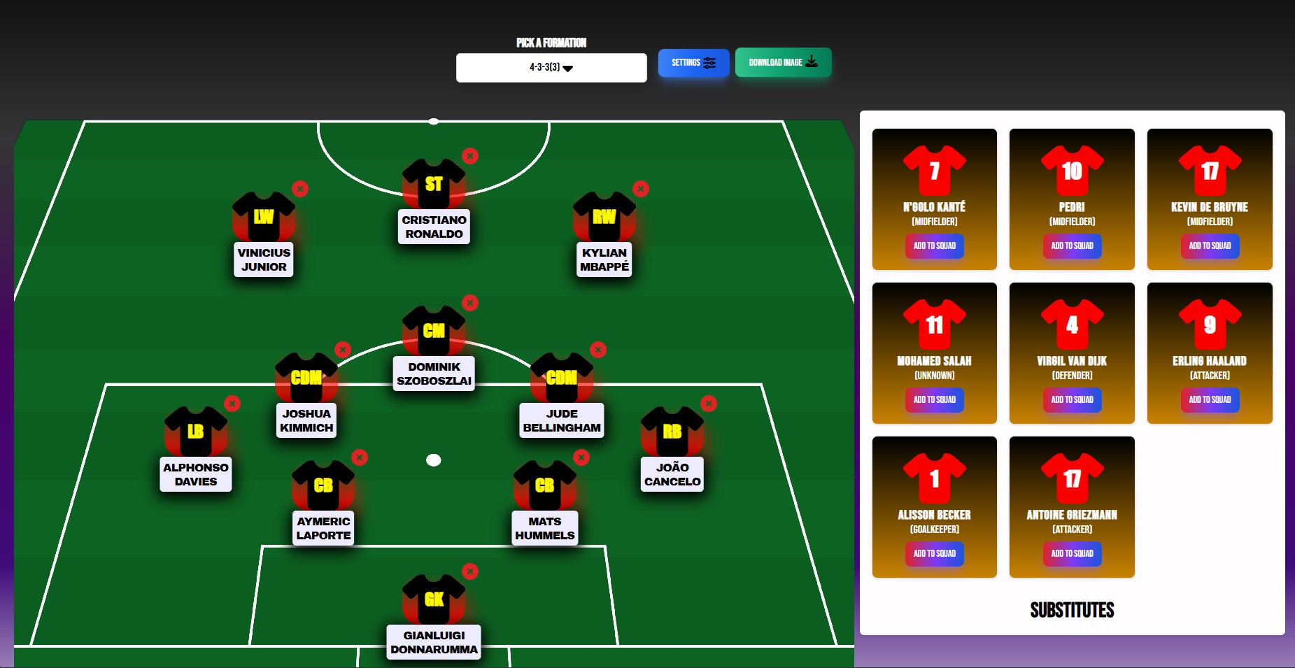 The image contains a screenshot of a customized football starting XI made with
    the react squad builder library.